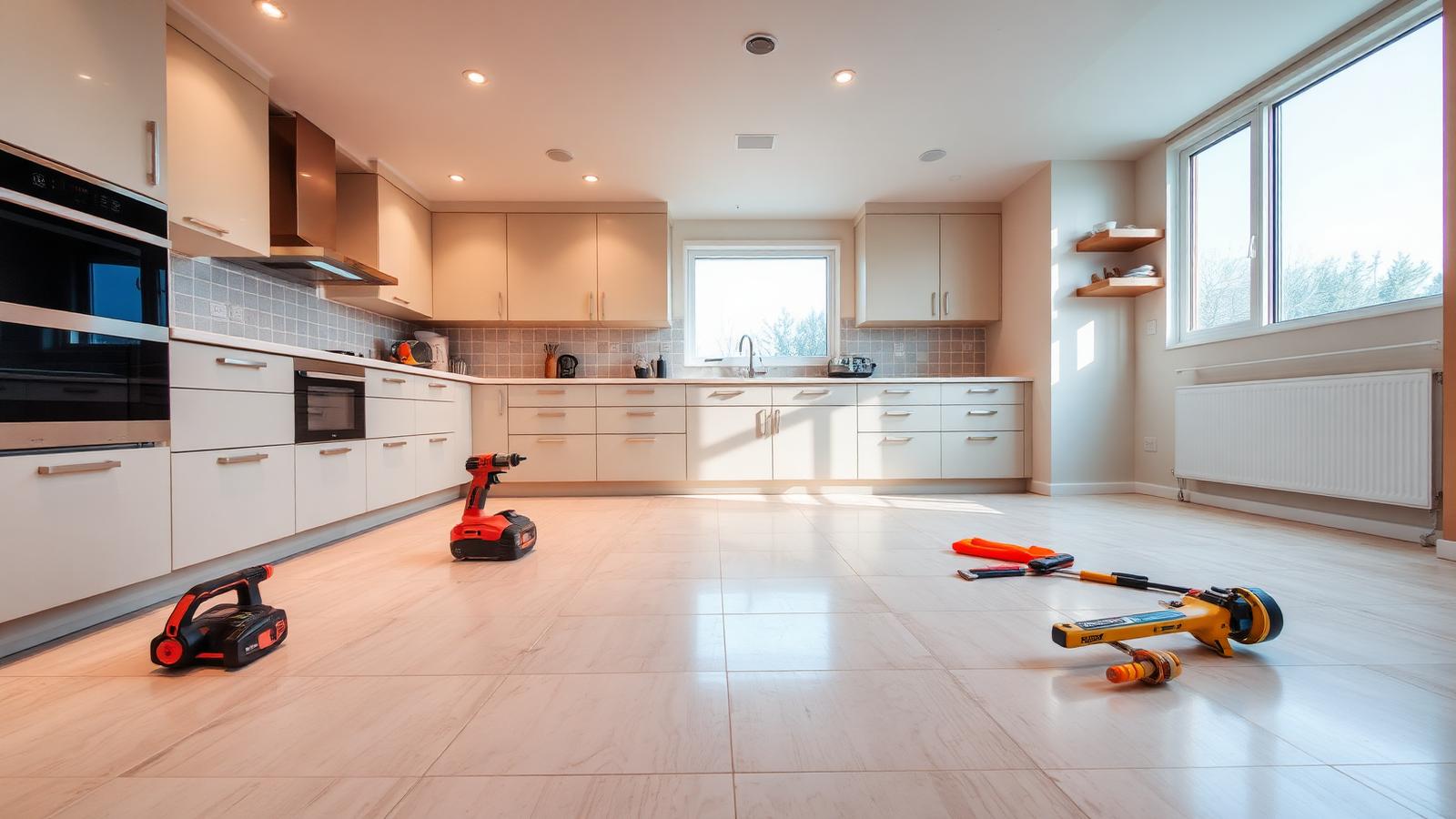 Cozinha moderna com piso porcelanato recém instalado